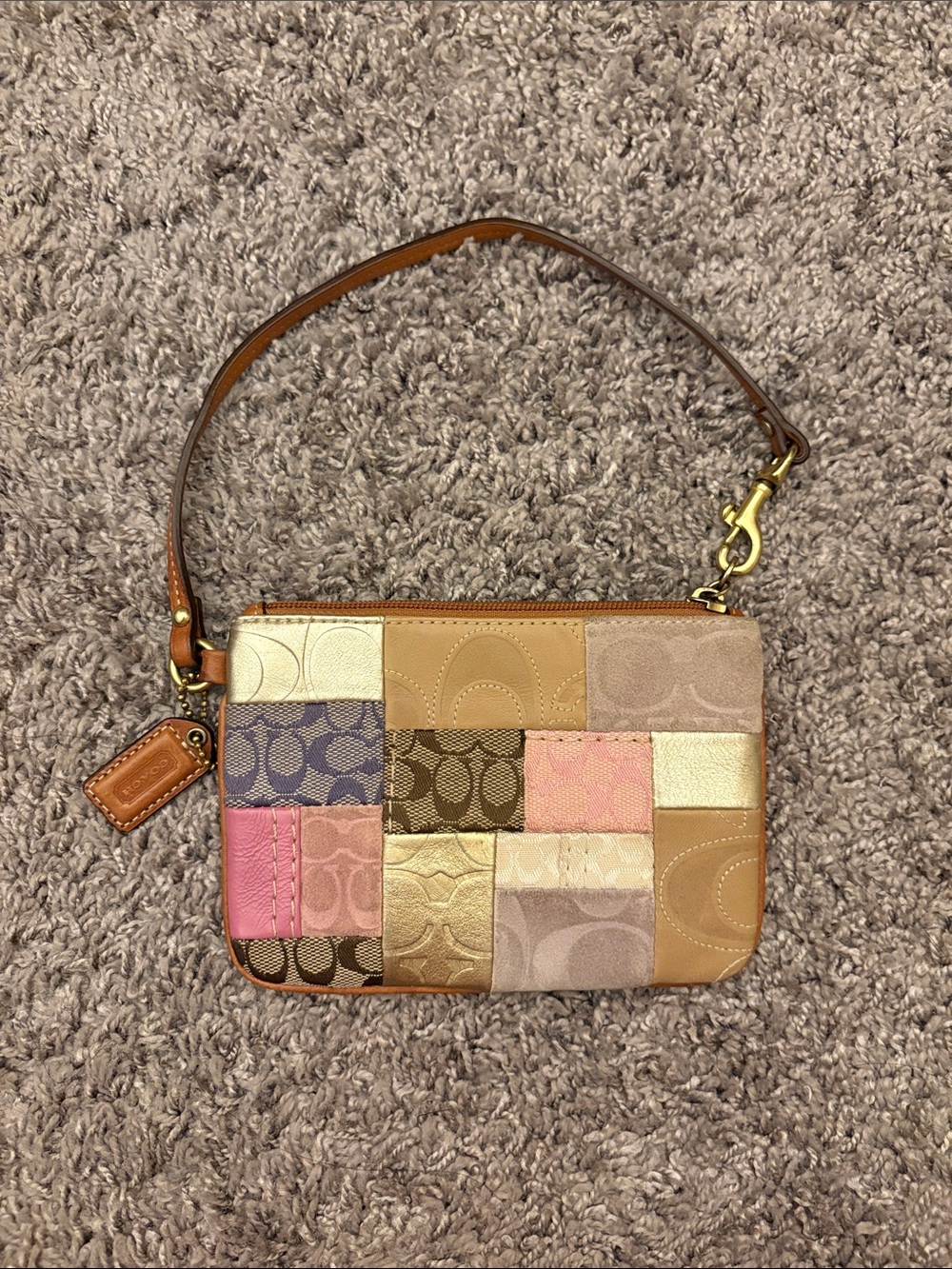 Vintage Coach Patchwork Leather Wristlet in Multi Pink and Tan
